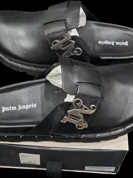 $830- Palm Angels Round Toe Mules \'Black Leather PMIJ005R24LEA0011000- RARE main image 7